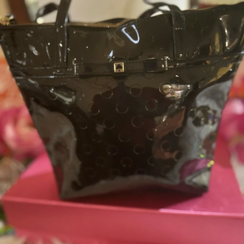 Kate Spade Black Glossy Tote with Embossed Circles